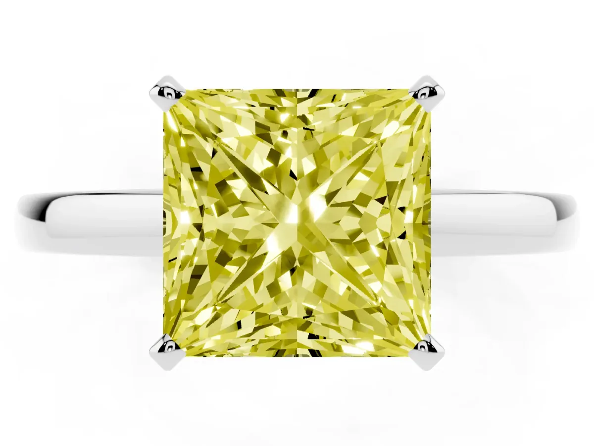 Fancy Yellow Princess Cut Solitaire Diamond Engagement Ring with Four-Prong Setting on a Classic Band Silver