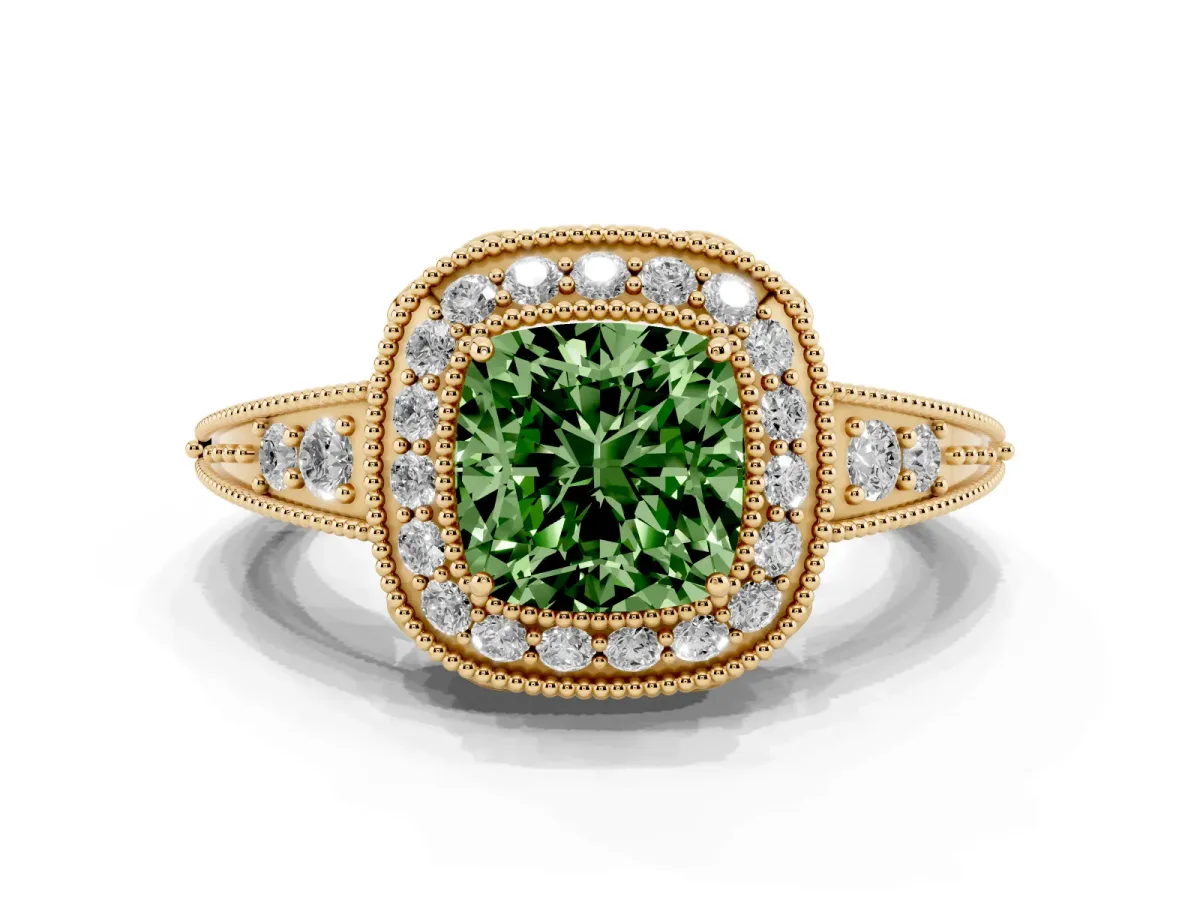 Fancy Green Cushion Cut Halo Diamond Split Shank Ring with Milgrain Detail Yellow gold
