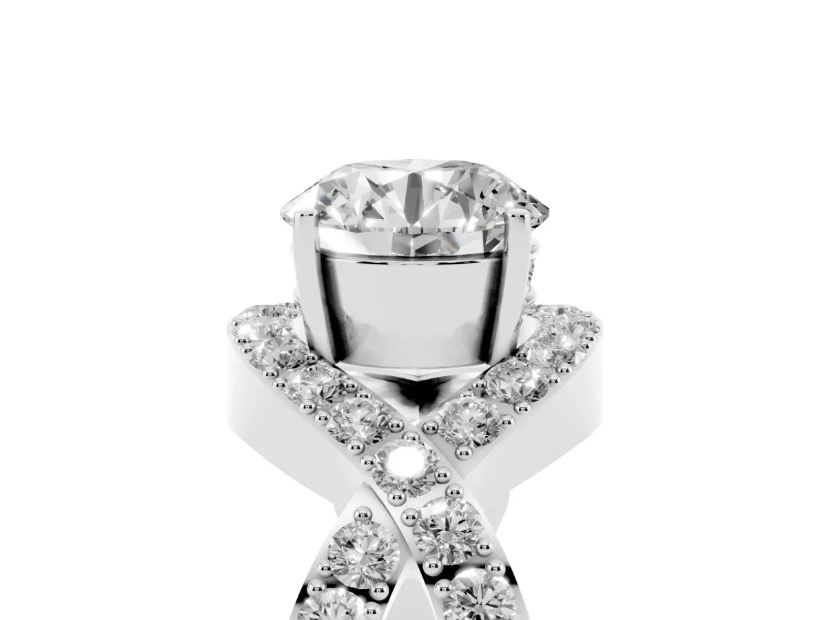 Round Cut Solitaire Twist Band Pavé Diamond Engagement Ring Silver