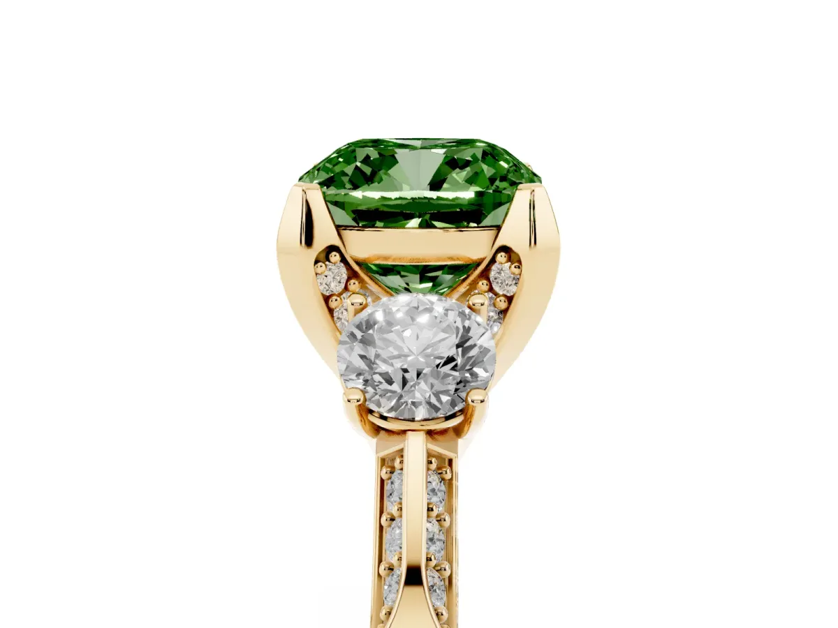 Fancy Green Cushion Cut Brilliant Three-Stone Diamond Ring with Pavé Band and Four-Prong Setting Yellow gold