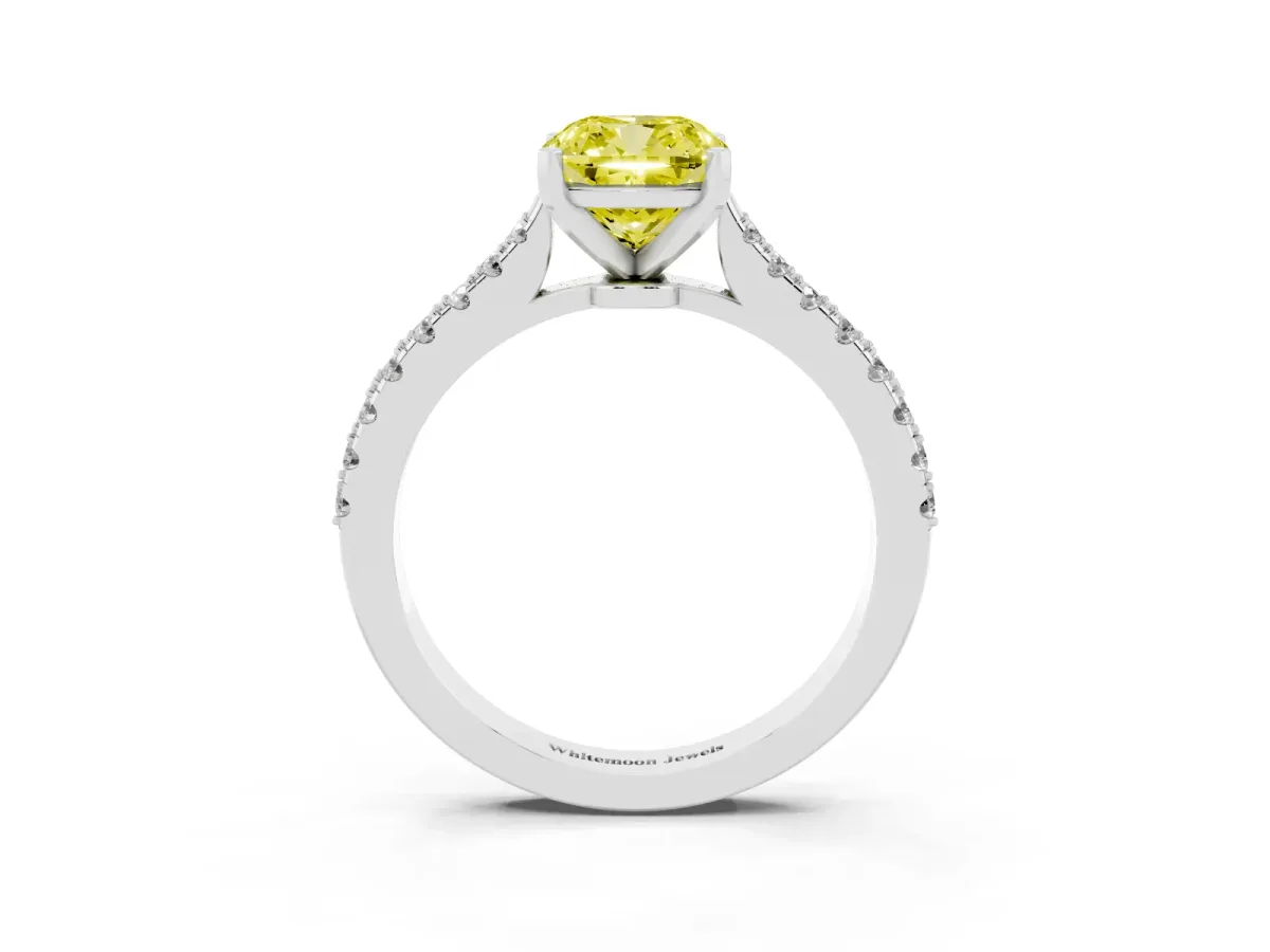 Fancy Yellow Cushion Cut Cut Solitaire Diamond Engagement Ring with Pave Band and Four-Prong Setting Platinum