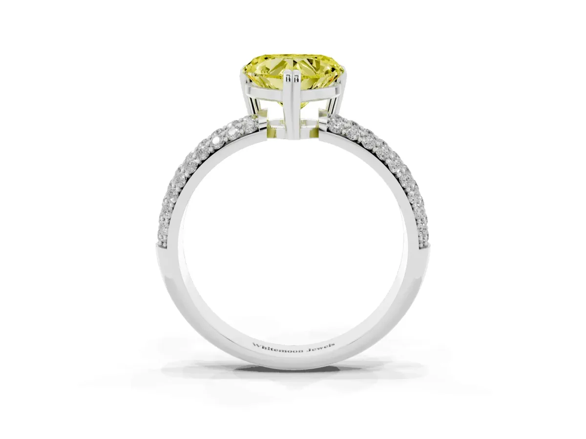 Fancy Yellow Heart Cut Diamond Solitaire Ring with Multi-Row Round Pavé Band and Prong Setting White gold