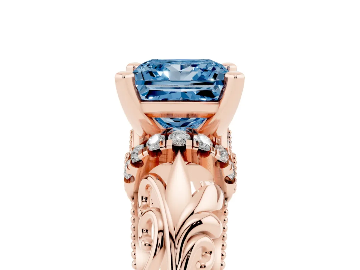 Fancy Blue Princess Cut Solitaire Filigree Engagement Ring with Halo and Prong Setting Rose gold