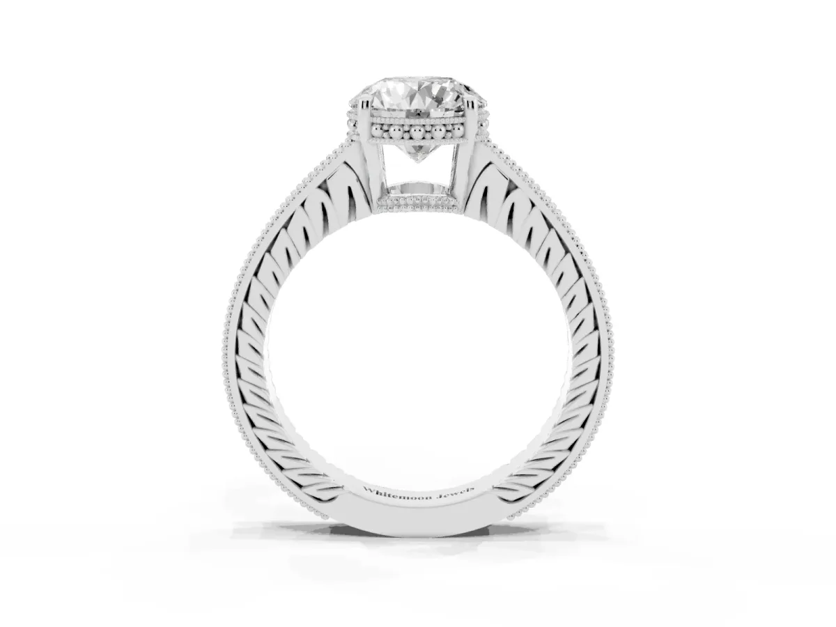 Round Cut Solitaire Pavé Diamond Milgrain Engagement Ring with Four-Prong Setting Silver
