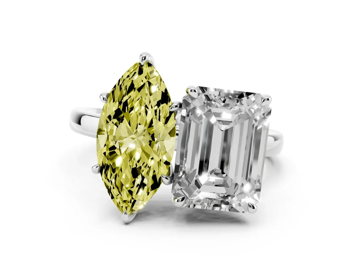 Fancy Yellow Marquise Cut and Emerald Cut Toi Moi Ring with Prong Setting Silver
