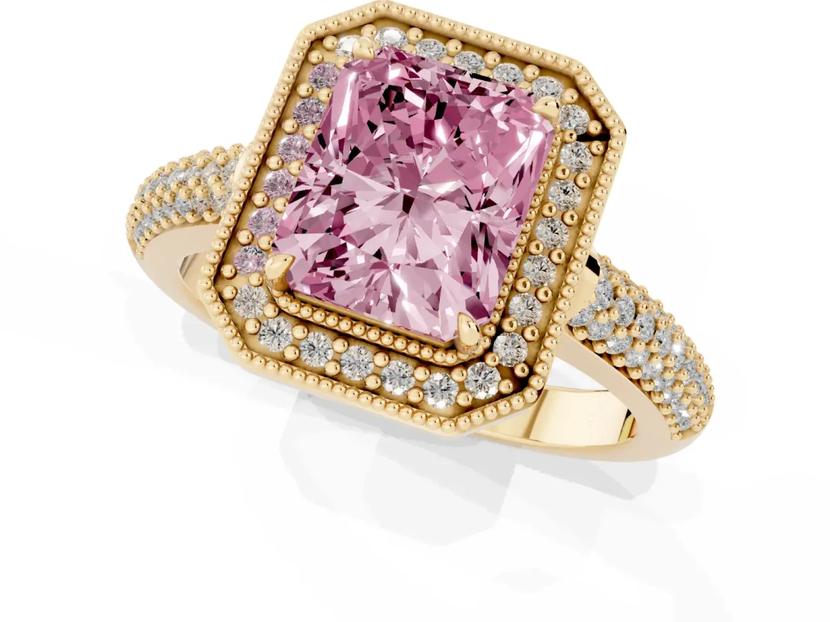 Fancy Pink Radiant Cut Cut Halo Diamond Pave Band with Four-Prong Setting Yellow gold