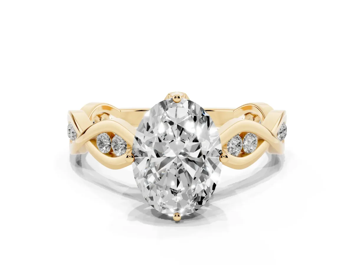 Oval Cut Solitaire Twist Band with Leaf Prong Setting Yellow gold