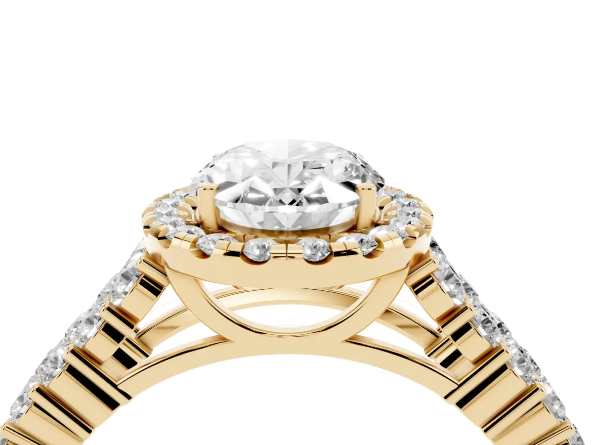 Oval Cut Diamond Halo Engagement Ring with Triple Row Round Pavé Band and Prong Setting Yellow gold