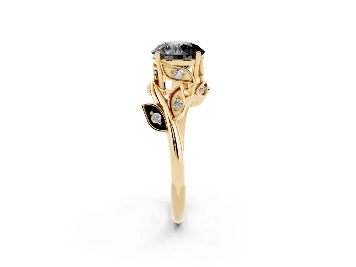 Fancy Black Round Cut Solitaire Twist Engagement Ring with Leaf Accents and Prong Setting Yellow gold
