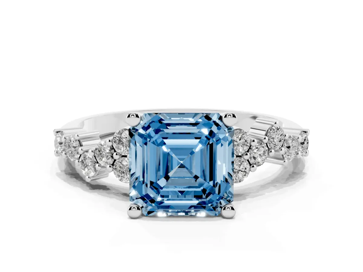 Fancy Blue Asscher Cut Diamond Scattered Round Accent Ring with Prong Setting White gold