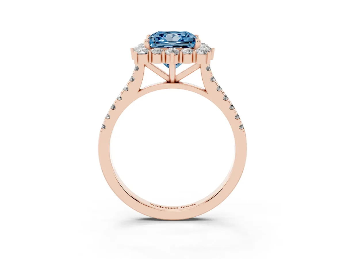 Fancy Blue Princess Cut Halo Diamond Ring with Pavé Band and Prong Setting Rose gold