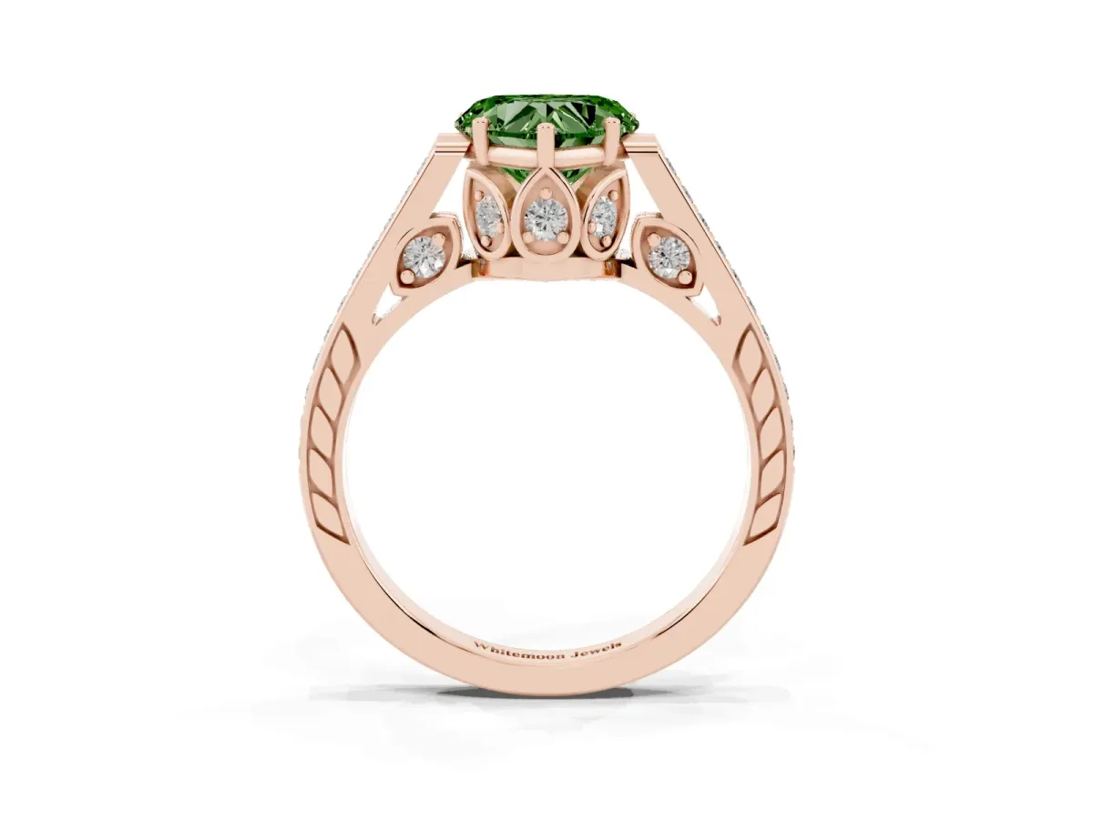 Fancy Green Heart Cut Cut Cathedral Pave Diamond Engagement Ring with Six-Prong Setting Rose gold