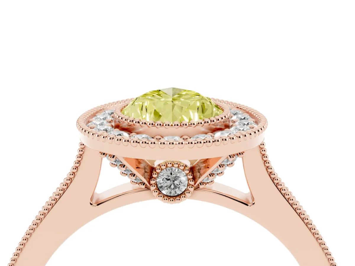 Fancy Yellow Halo Pear Cut-Cut Diamond Pave Band Milgrain Prong Setting Ring Rose gold