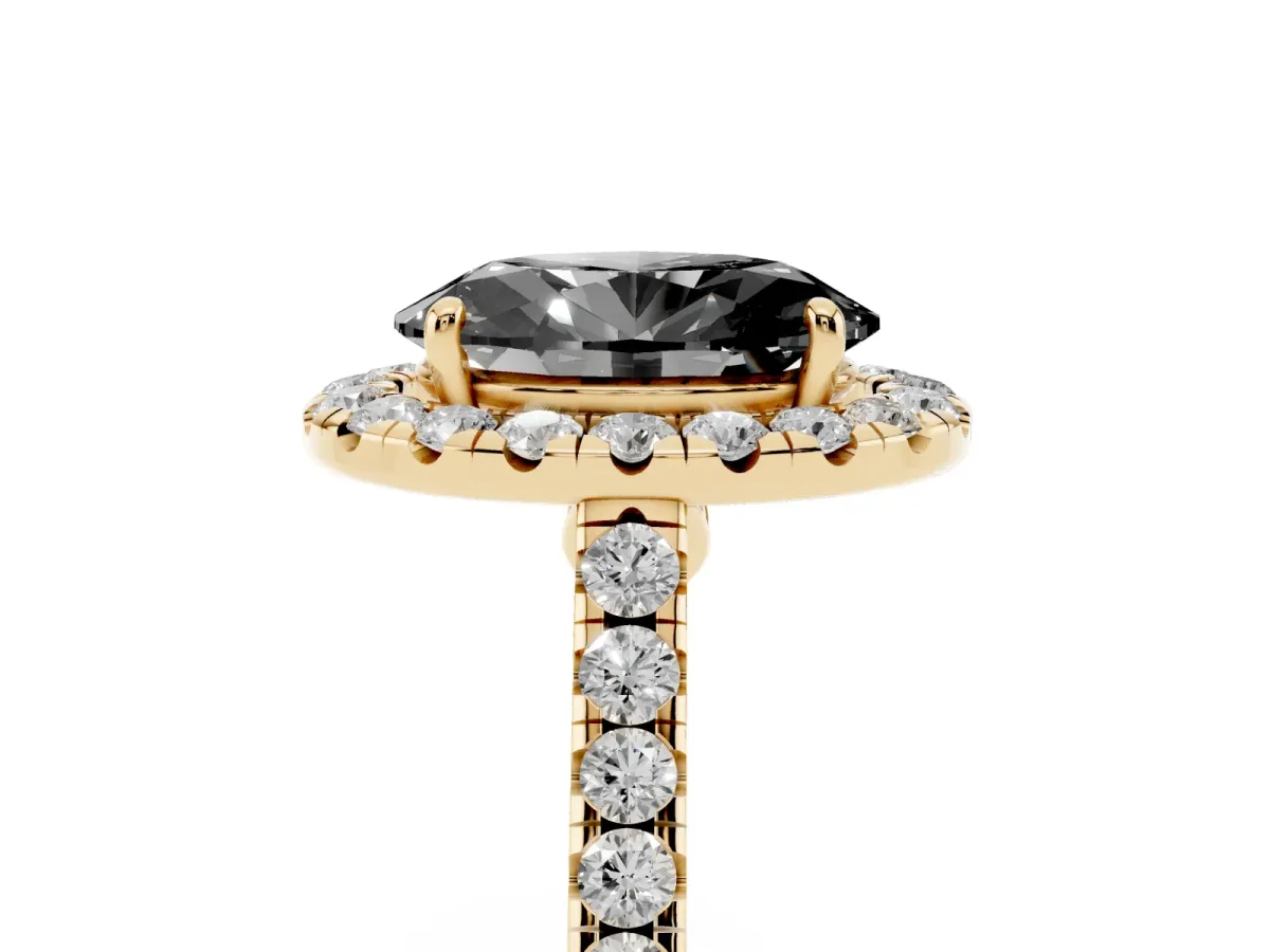 Fancy Black Oval Cut Halo Pave Diamond Engagement Ring with Four-Prong Setting Yellow gold