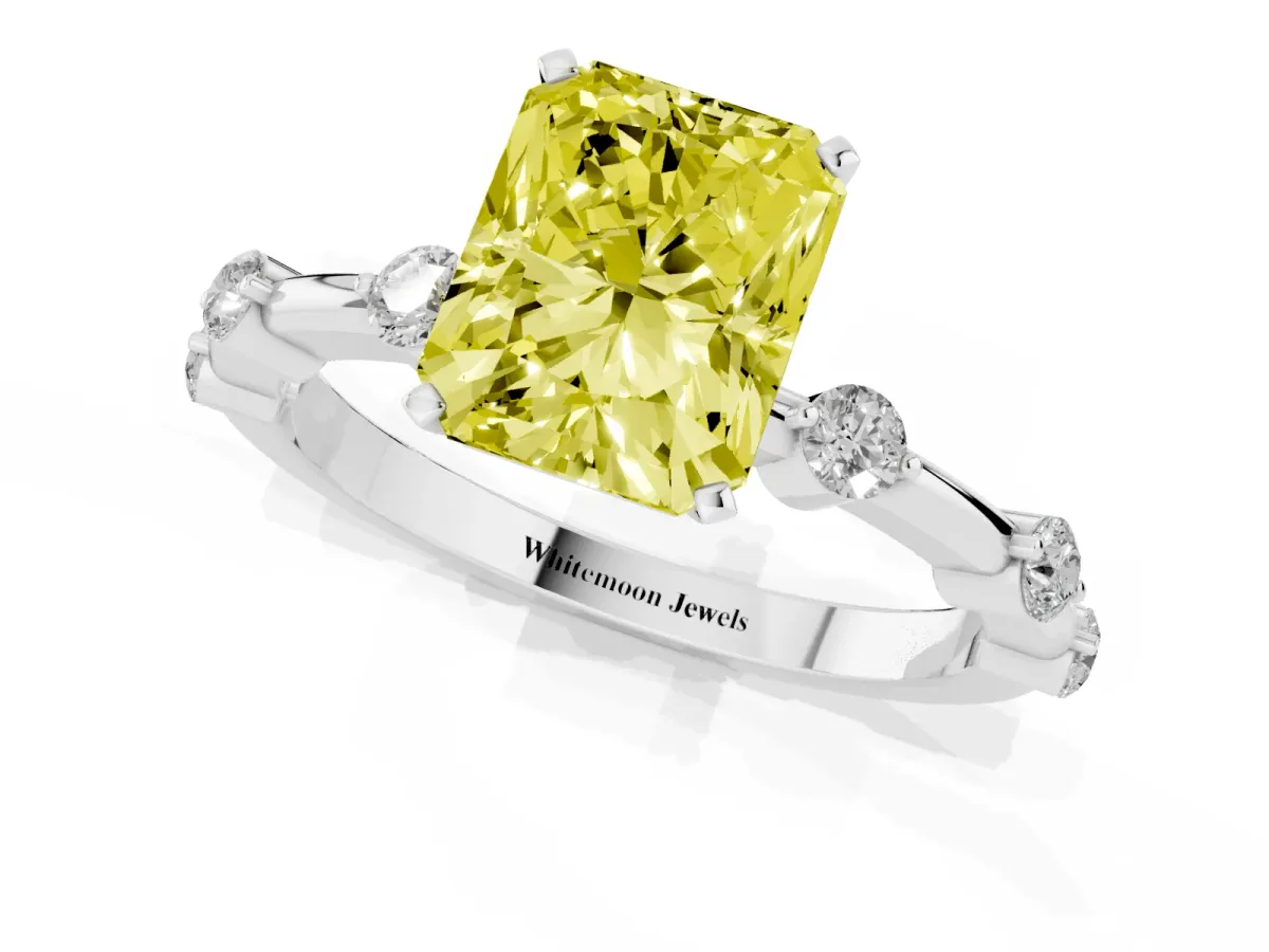 Fancy Yellow Radiant Cut Solitaire Diamond Ring with Bezel Set Side Stones and Prong Setting Silver