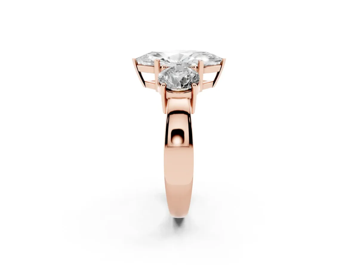 Three-Stone Marquise Cut Diamond Ring with Round Side Stones, Classic Band, and Four-Prong Setting Rose gold