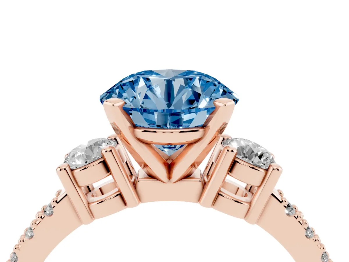 Fancy Blue Round Cut Three-Stone Diamond Pavé Band with Prong Setting Rose gold
