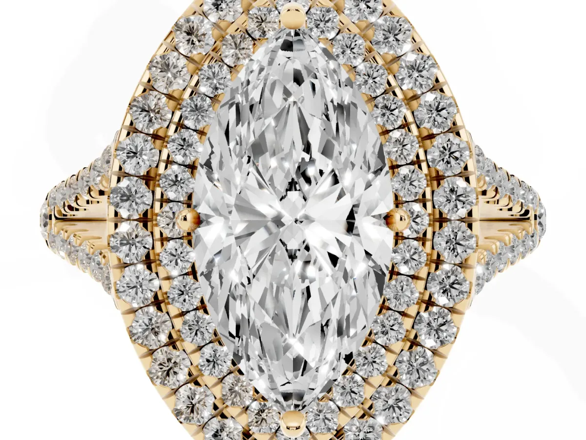 Marquise Cut Diamond Double Halo Ring with Pavé Band and Prong Setting Yellow gold