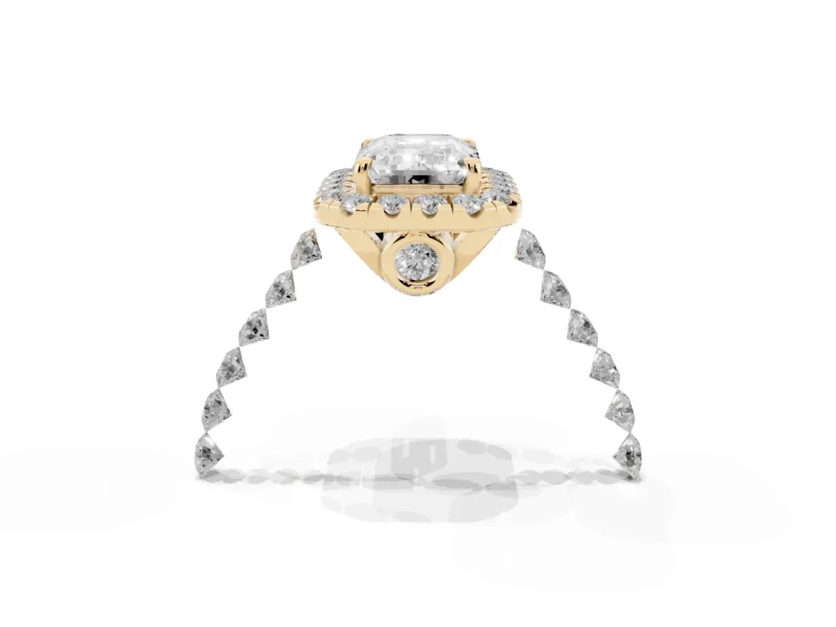 Emerald Cut Halo Pavé Diamond Engagement Ring with Four-Prong Setting Yellow gold
