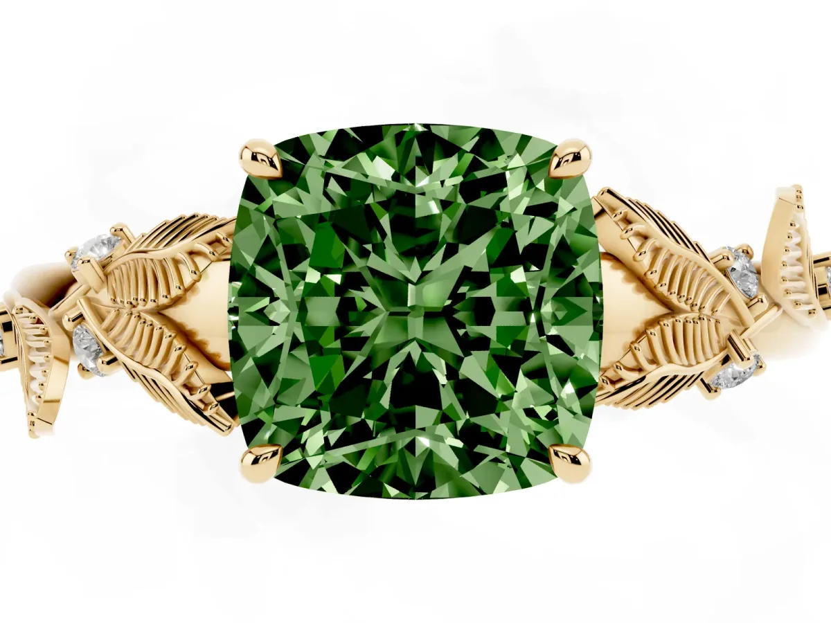 Fancy Green Cushion Cut Diamond Solitaire Ring with Leaf Motif Band and Four-Prong Setting Yellow gold