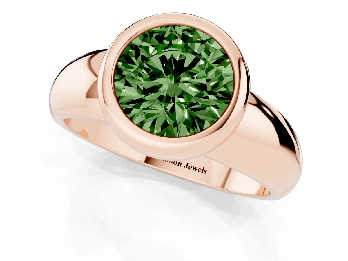 Fancy Green Bezel Set Round Cut Solitaire Ring with Wide Band Rose gold