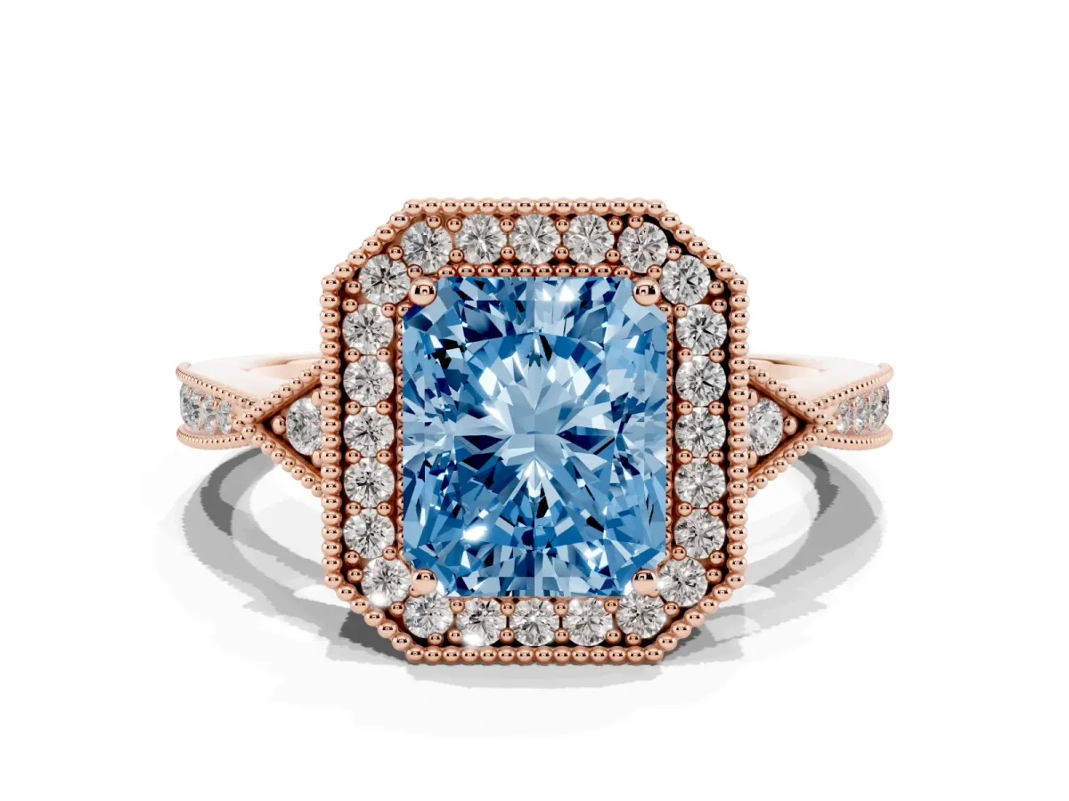 Fancy Blue Radiant Cut Halo Round Diamond Milgrain Pave Engagement Ring Rose gold