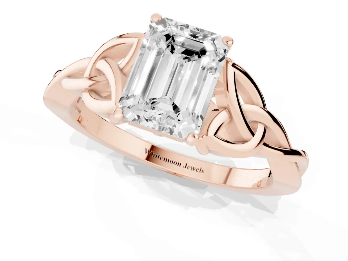 Emerald Cut Diamond Solitaire Engagement Ring with Celtic Knot Band and Four-Prong Setting Rose gold