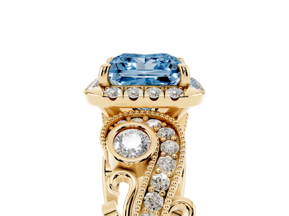 Fancy Blue Princess Cut Diamond Halo Ring with Milgrain Pavé Band and Four-Prong Setting Yellow gold