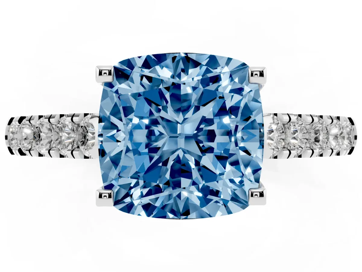 Fancy Blue Cushion Cut Diamond Pavé Band Solitaire Ring with Prong Setting Platinum