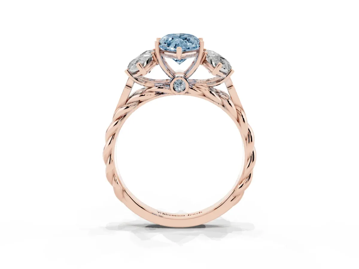 Fancy Blue Three-Stone Marquise Cut Diamond Braided Band Ring with Four-Prong Setting Rose gold