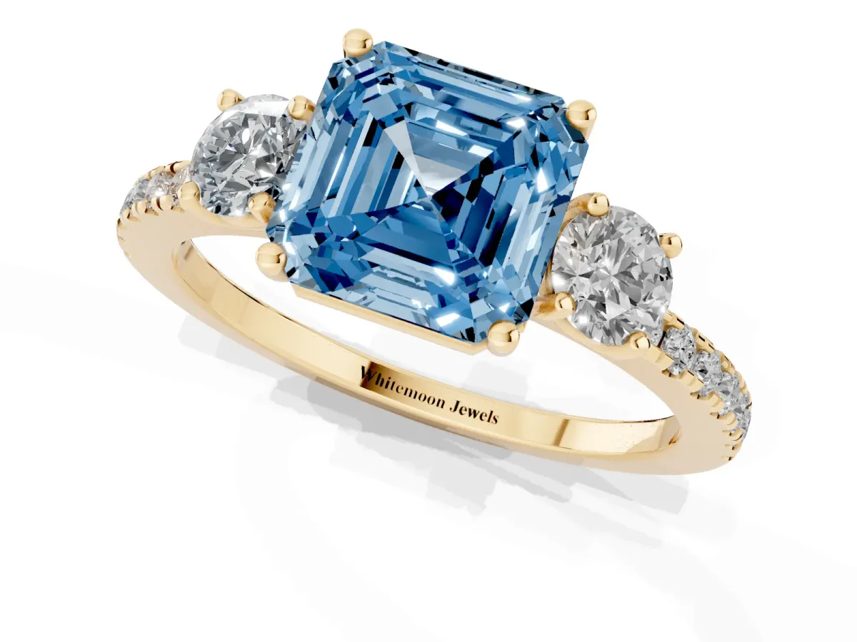 Fancy Blue Three-Stone Asscher Cut Cut Diamond Pavé Band with Prong Setting Yellow gold