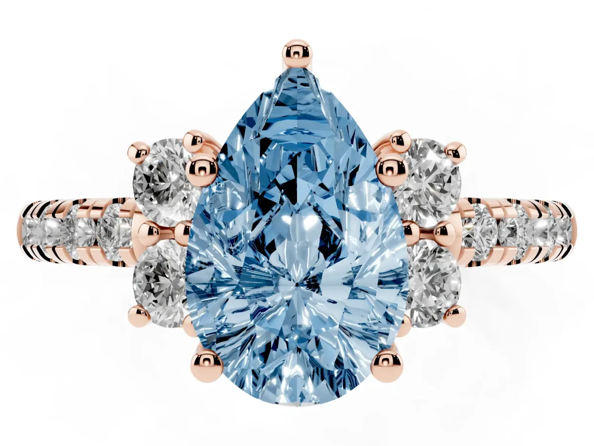 Fancy Blue Pear Cut Diamond Three-Stone Pave Band with Four-Prong Setting Rose gold