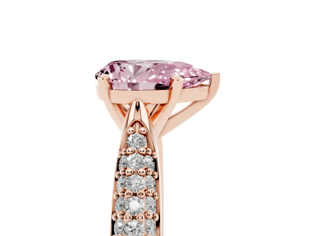 Fancy Pink Pear Cut Diamond Solitaire Engagement Ring with Multi-Row Round Pavé Band and Prong Setting Rose gold