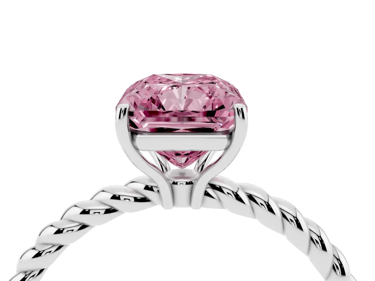 Fancy Pink Radiant Cut Solitaire Twist Band Ring with Four-Prong Setting Platinum