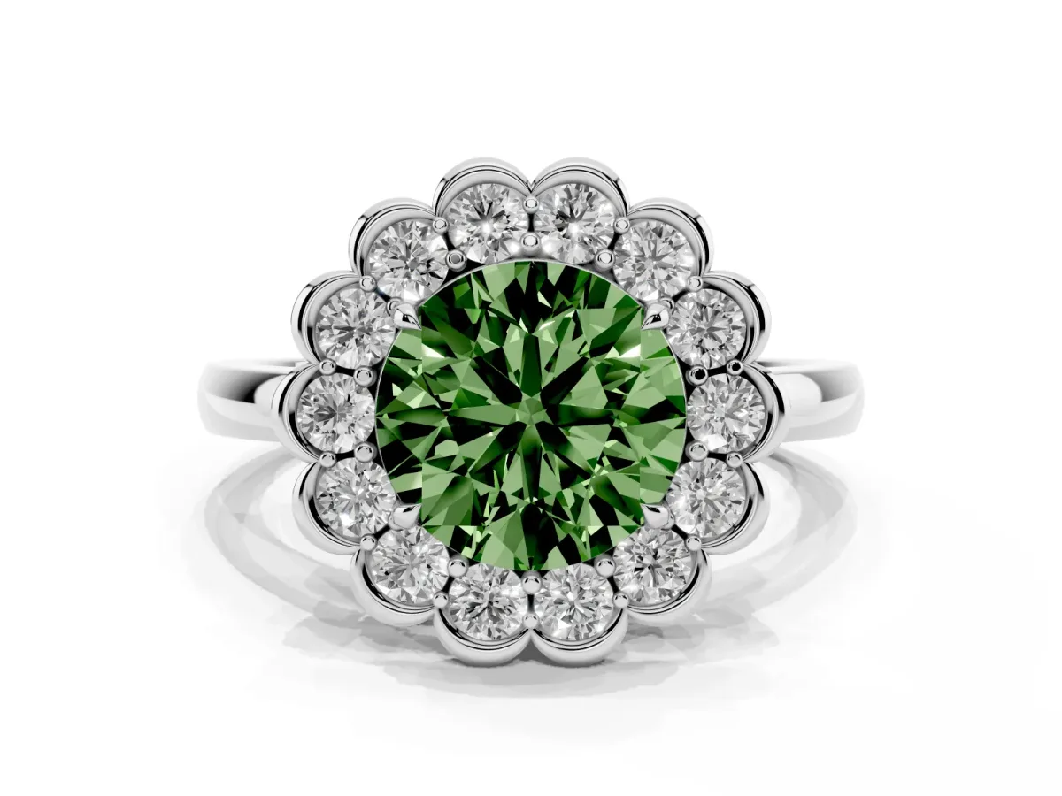 Fancy Green Round Cut Halo Cluster Diamond Engagement Ring with Solitaire Band and Prong Setting Platinum