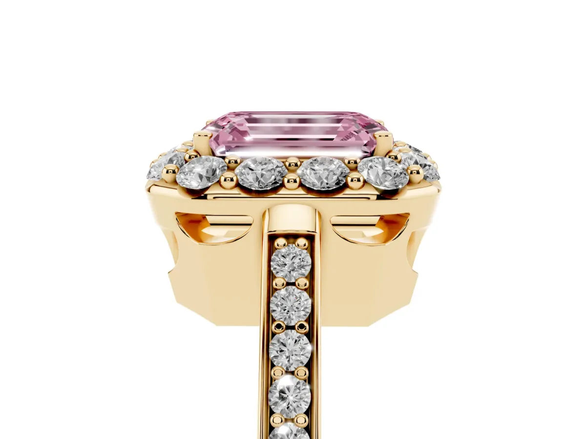 Fancy Pink Emerald Cut Diamond Floral Halo Ring with Pavé Band and Prong Setting Yellow gold
