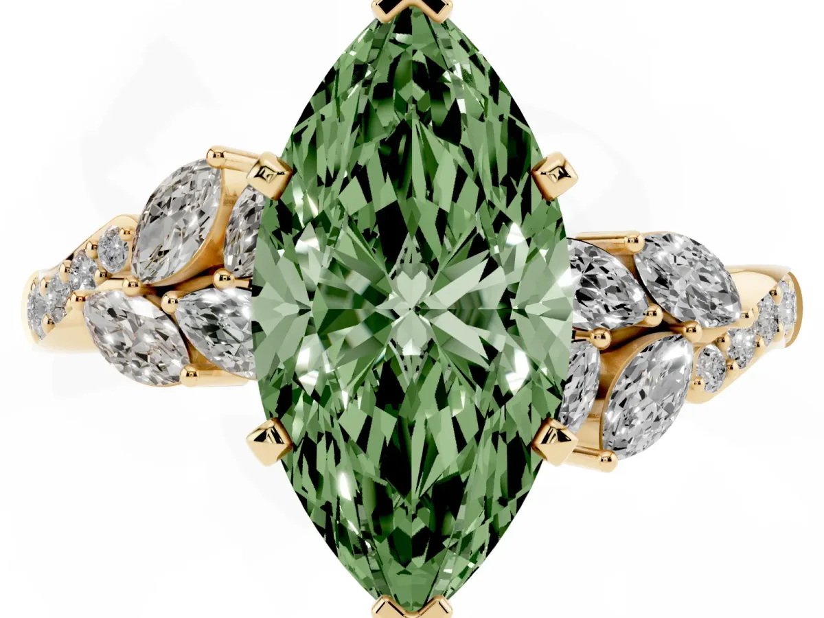 Fancy Green Marquise Cut Solitaire Marquise Twist Band with Six-Prong Setting Yellow gold