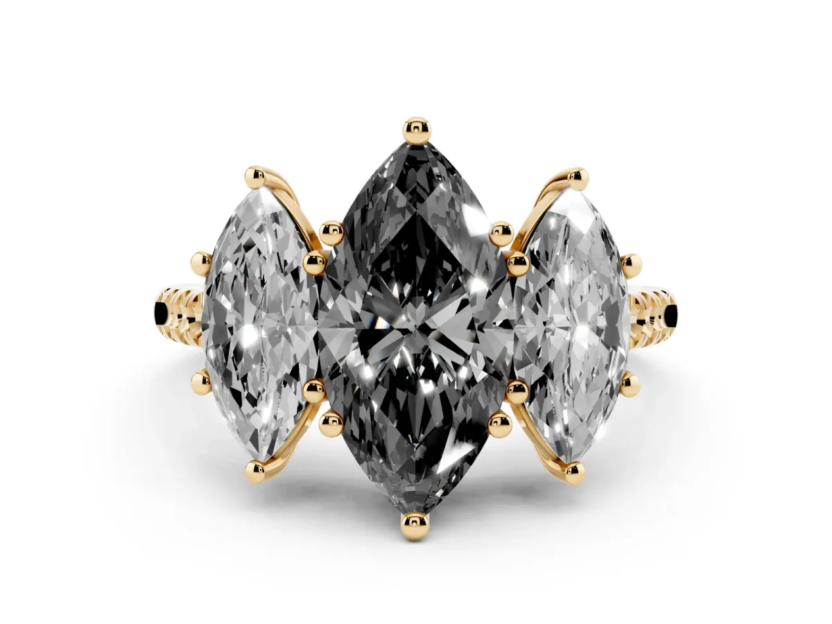 Fancy Black Three-Stone Marquise Cut Diamond Ring with Round Pavé Band and Prong Setting Yellow gold