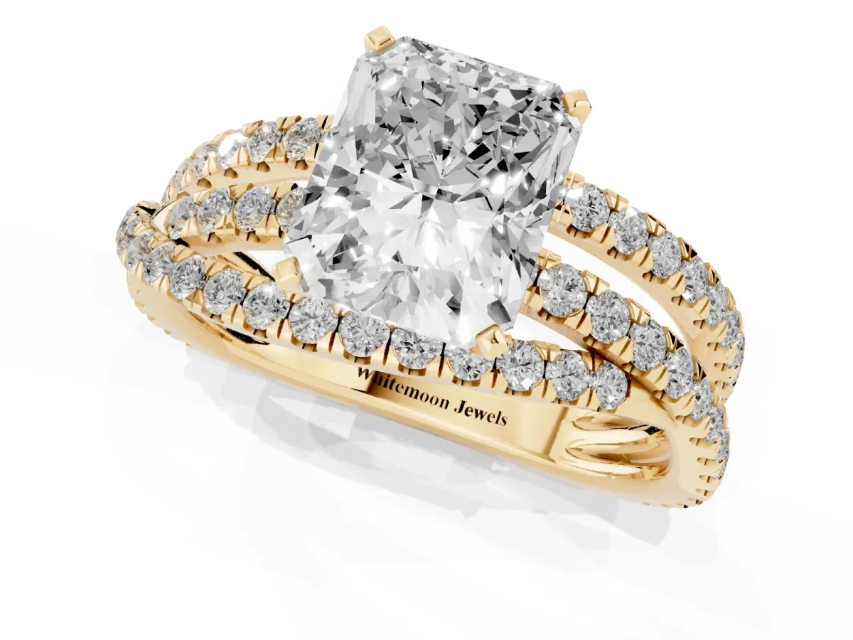 Radiant Cut Solitaire Twist Band with Pavé Setting and Four-Prong Setting Yellow gold