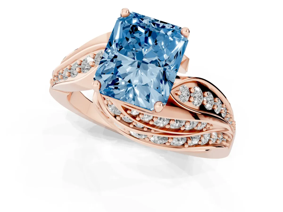 Fancy Blue Radiant Cut Diamond Solitaire Ring with Prong Setting and Twisted Pavé Band Rose gold