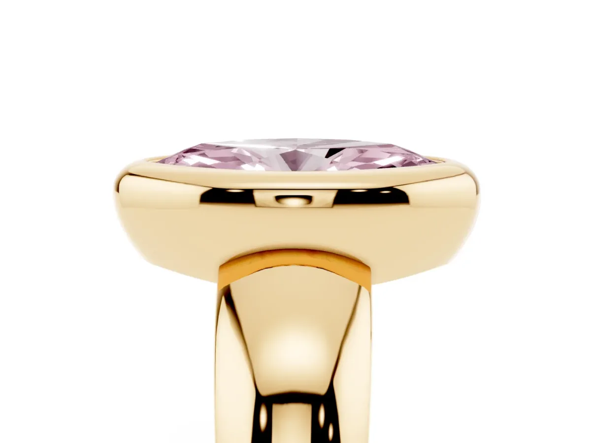 Fancy Pink Bezel Set Marquise Cut Solitaire Ring with Wide Band Yellow gold