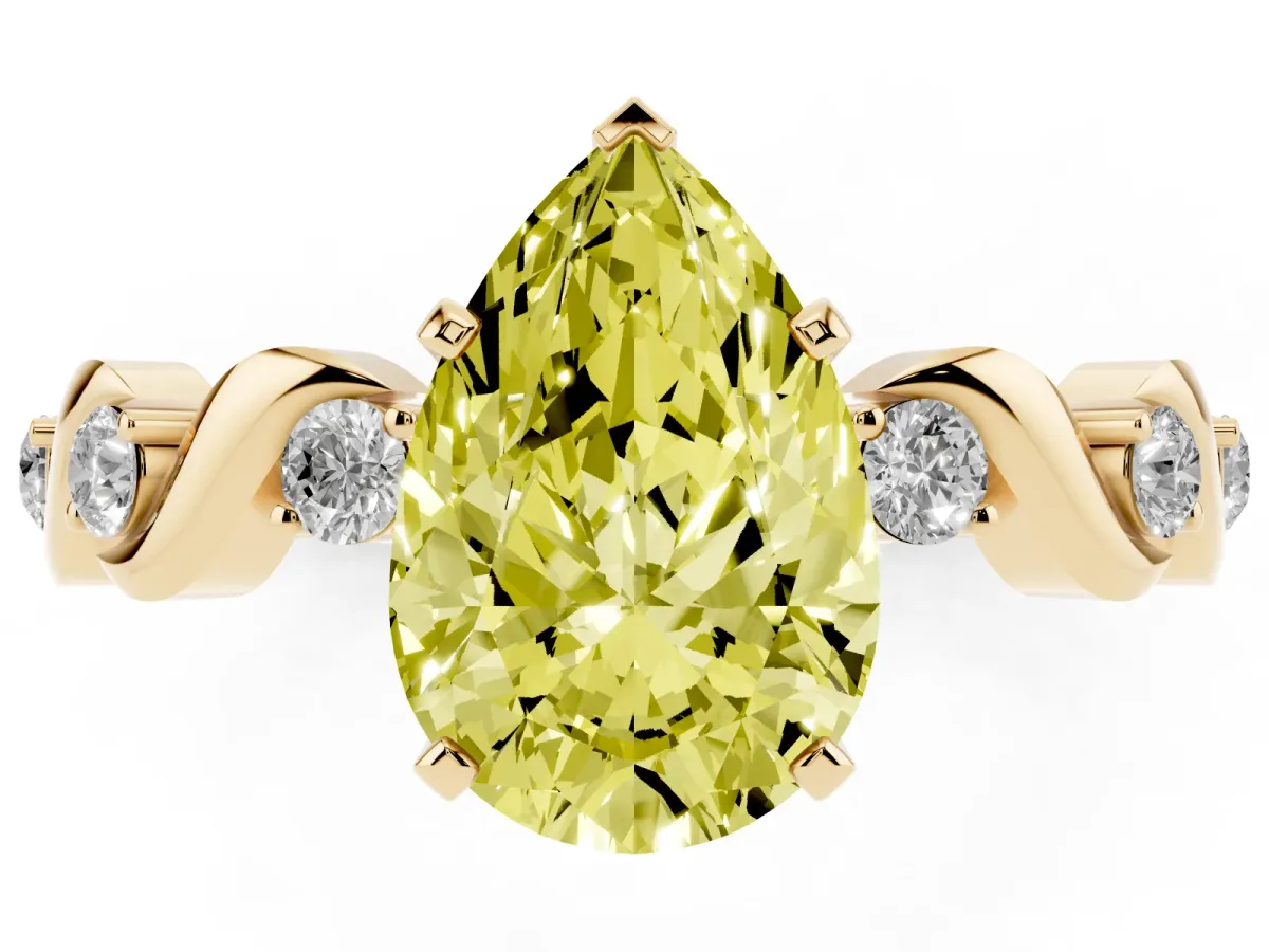 Fancy Yellow Pear Cut Diamond Solitaire Twisted Band with Round Accents and Prong Setting Yellow gold