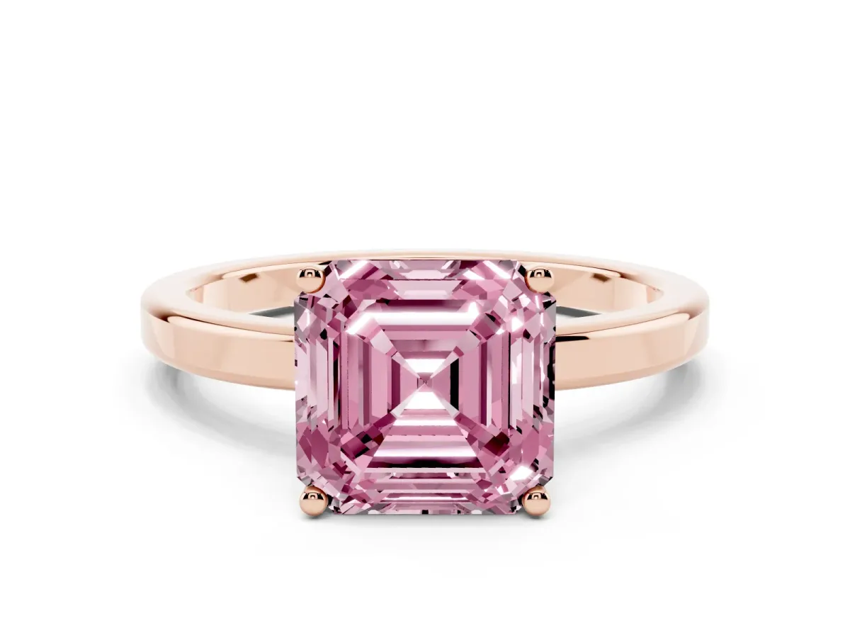 Fancy Pink Asscher Cut Cut Solitaire Engagement Ring with Four-Prong Setting on a Classic Band Rose gold