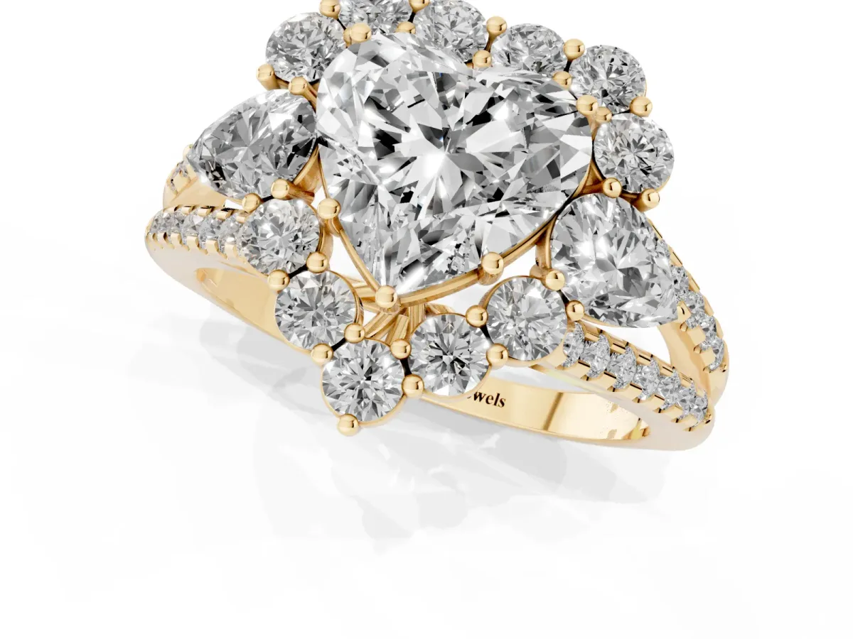 Heart Cut Halo Split Shank Diamond Engagement Ring with Prong Setting Yellow gold
