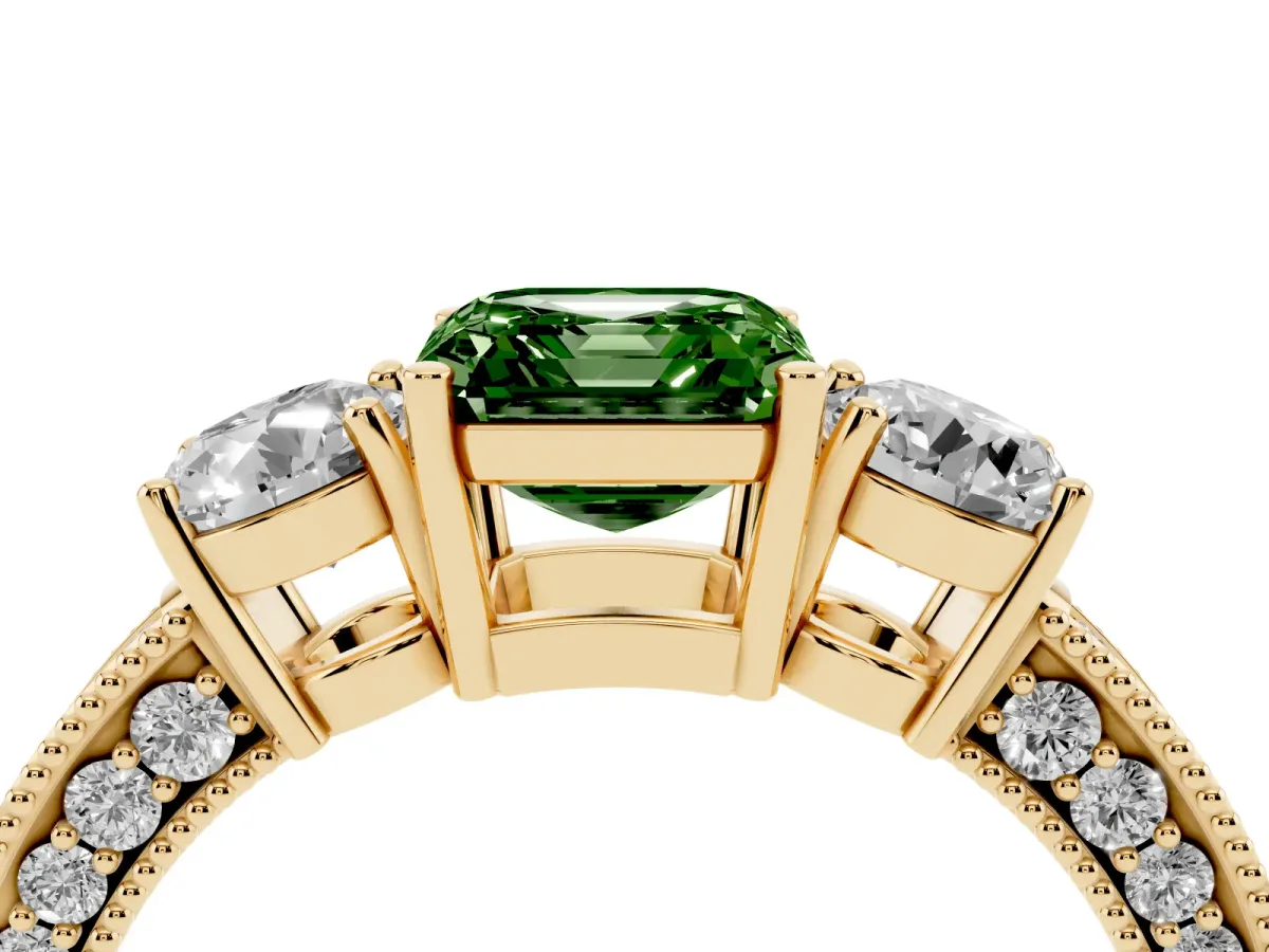 Fancy Green Asscher Cut Three-Stone Diamond Ring with Pavé Band and Four-Prong Setting Yellow gold