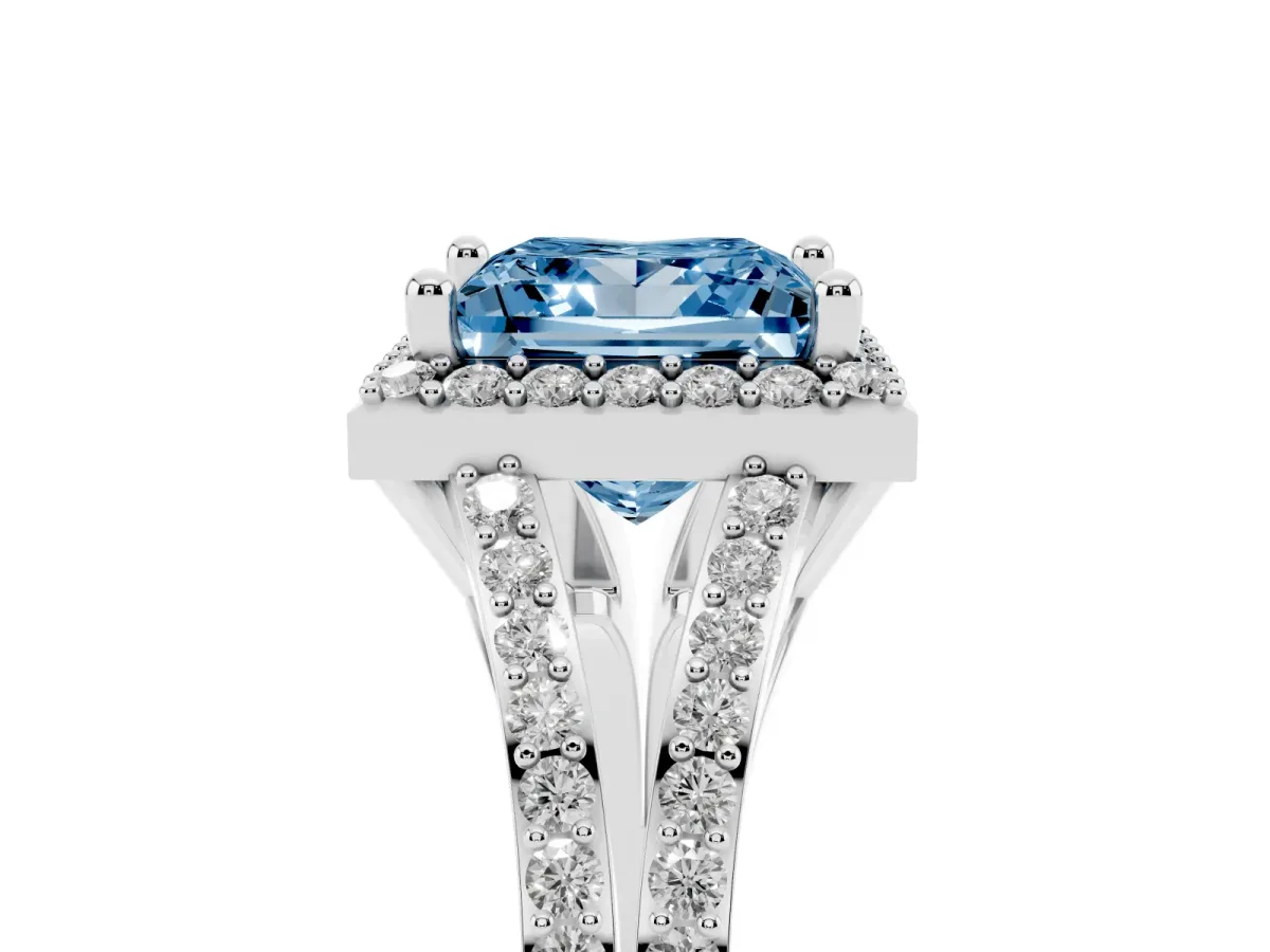Fancy Blue Princess Cut Halo Split Shank Diamond Ring with Prong Setting Silver