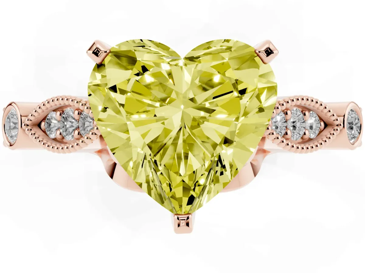 Fancy Yellow Heart Cut Cut Diamond with Milgrain Marquise and Bezel Accents on a Solitaire Band with Prong Setting Rose gold