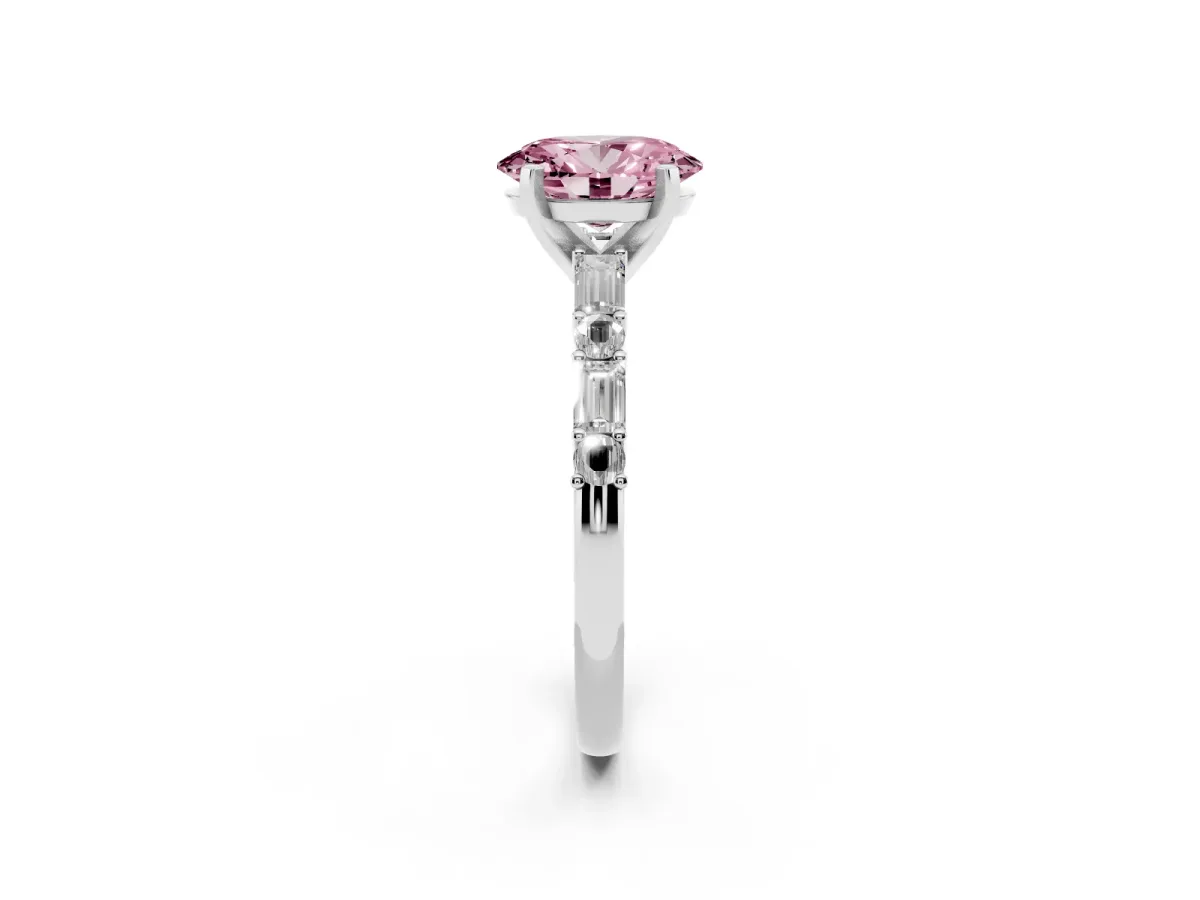 Fancy Pink Oval Cut Diamond Solitaire with Side Baguettes and Channel Set Band Platinum