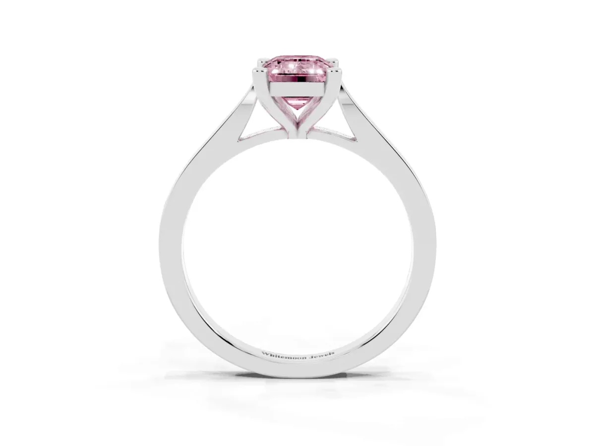 Fancy Pink Emerald Cut Solitaire Diamond Ring with Four-Prong Setting and Tapered Band Platinum
