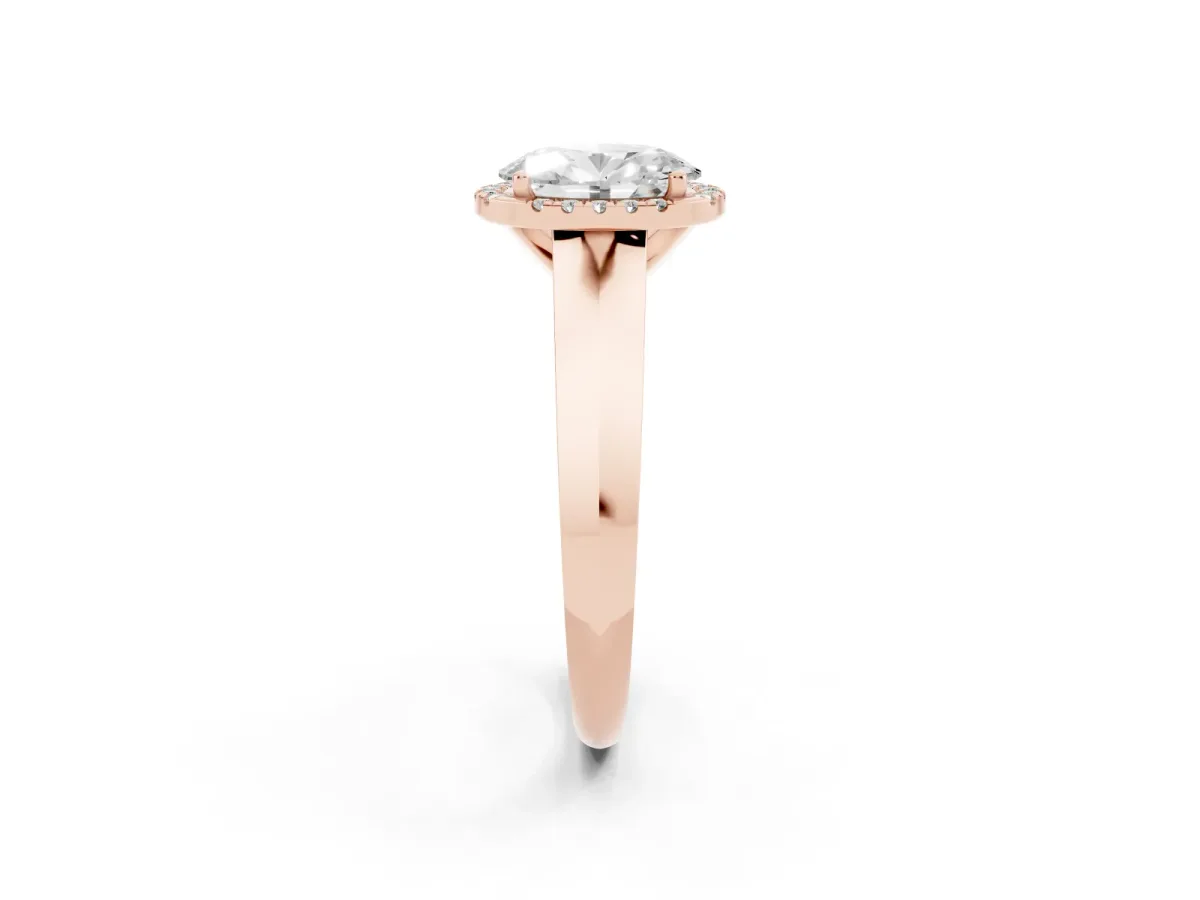 Oval Cut Halo Diamond Ring with Cathedral Band and Four-Prong Setting Rose gold
